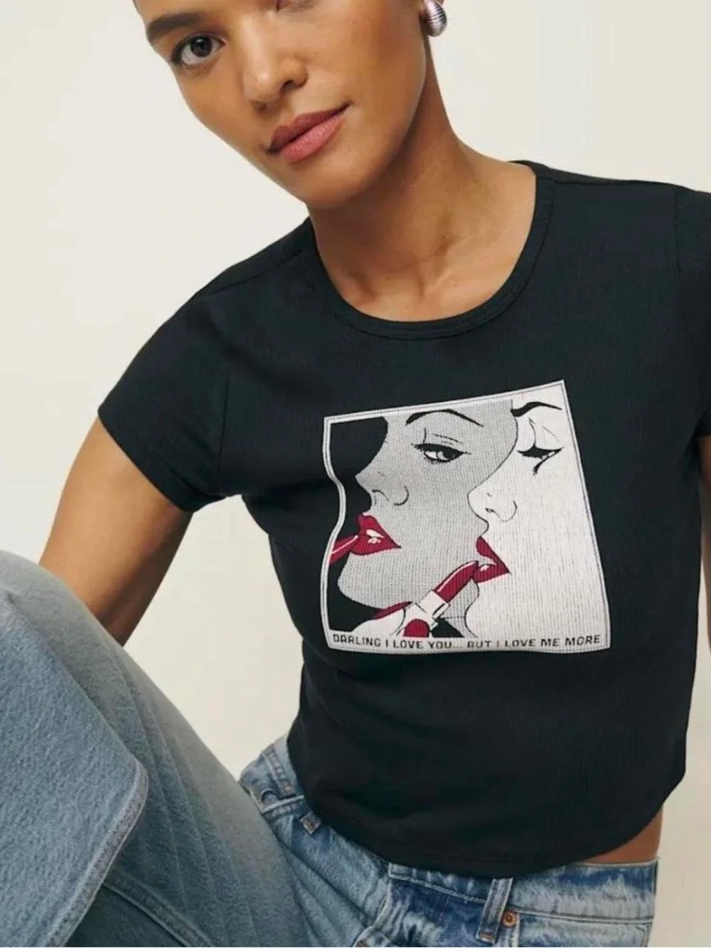 Reformation Muse Black Graphic-Print T-Shirt Size M